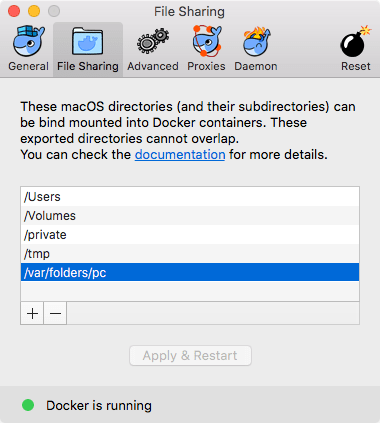 Docker for Mac after adding /var/folders/pc to the file sharing tab