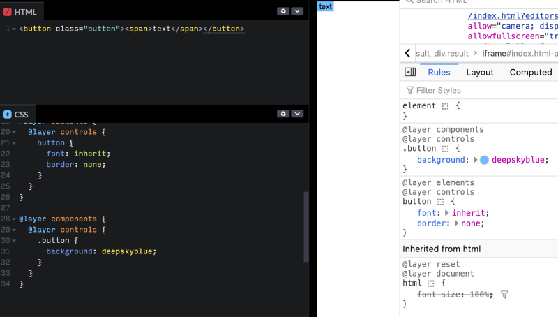 Firefox (v113) devtools showing the cascade layers involved