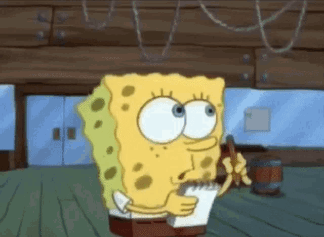Spongebob holding a notepad and pencil, listening with his mouth open. He then closes his mouth with his tongue sticking out, and takes notes