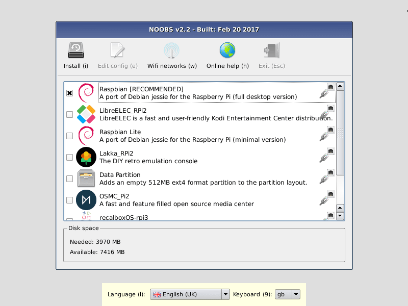 Image showing NOOBS installer running on a Raspberry Pi.