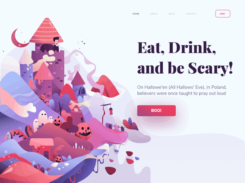 Interesting light design landing page where an animation of a cornucopia of spooky objects and shapes pop up in tiers on the screen with a ghost its all lighter colors which makes it pretty unique looking for being so spooky