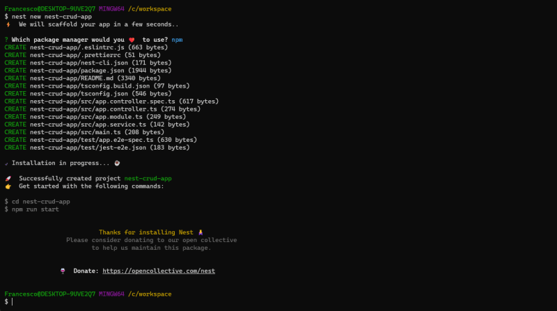 successfully created project nest-crud-app