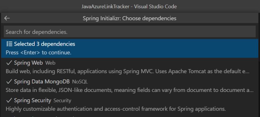 Selecting dependencies in VS Code.