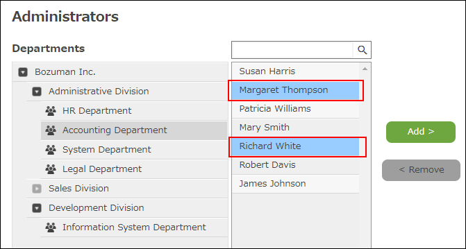 Screenshot: Kintone's Administrator setting where example users are selected