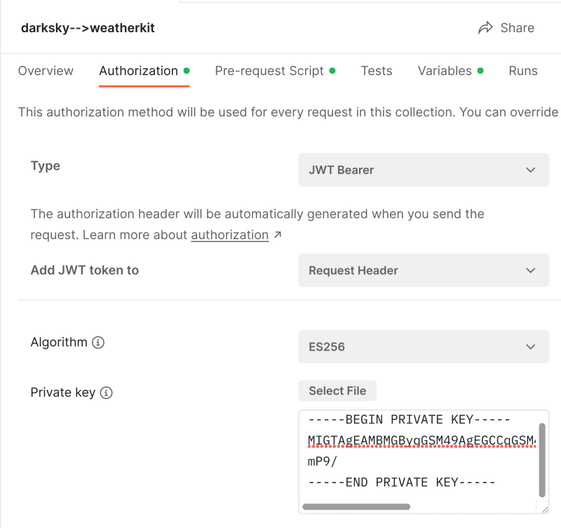 Postman authorization screen