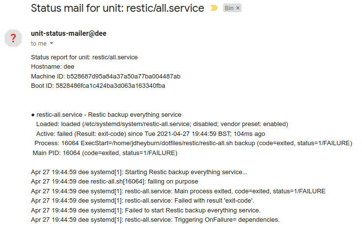 A screenshot showing an example email highlighting there has been a failure in the restic-all service.