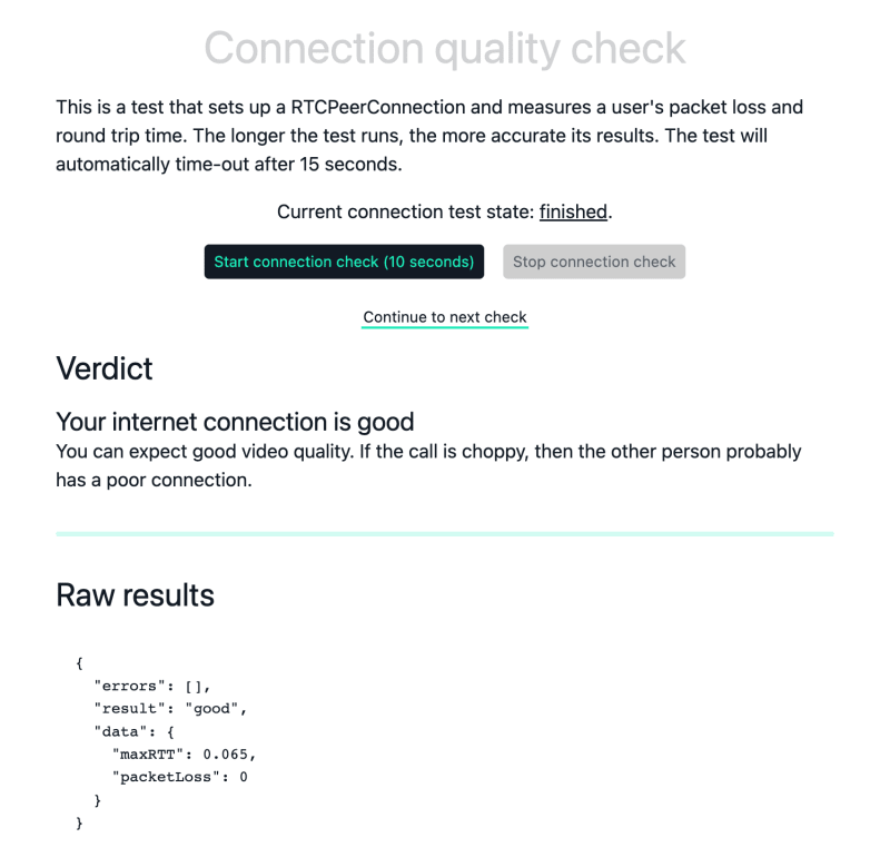 A screenshot of the Connection quality check inside the Daily Precall React application
