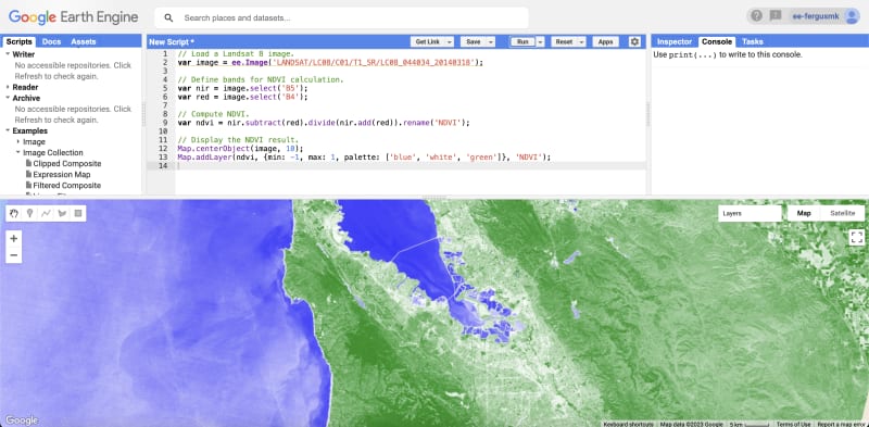 GEE Interface showcasing NDVI analysis