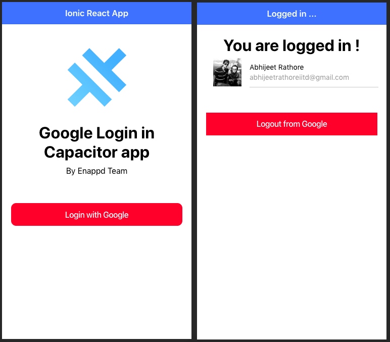 Login and Homepage for Ionic React Capacitor Google Login starter app