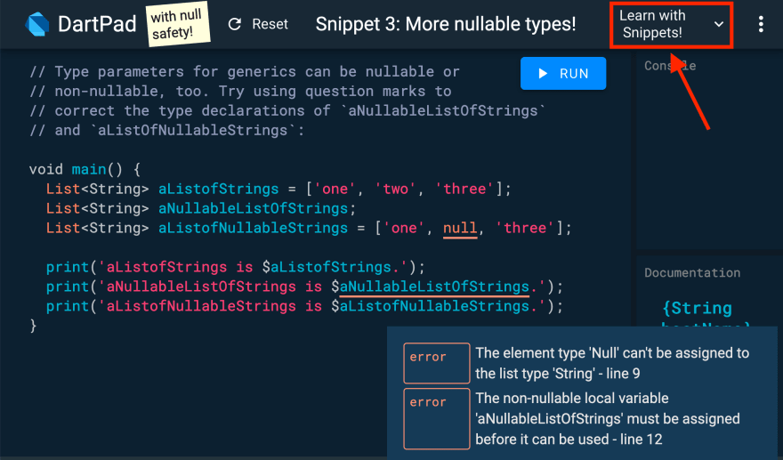 Dartpad with Null Safety