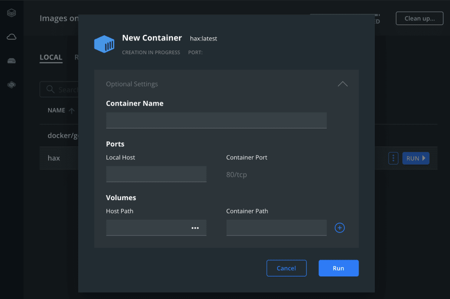 A photo of the pop-out window which will appear when you run your build in docker
