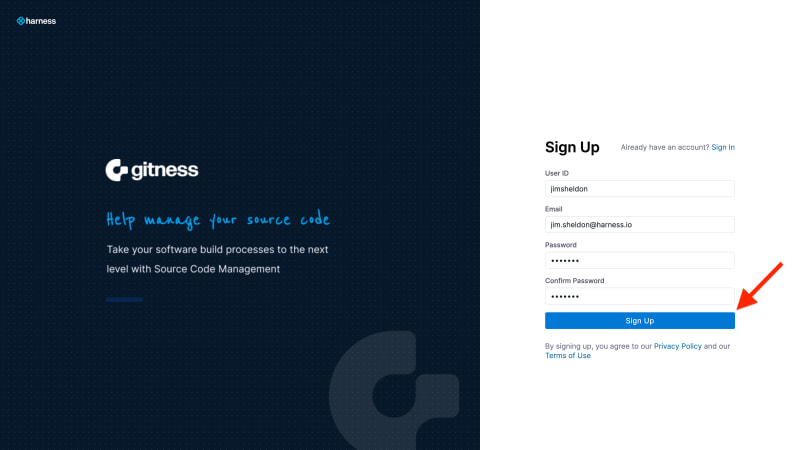 Gitness sign up page