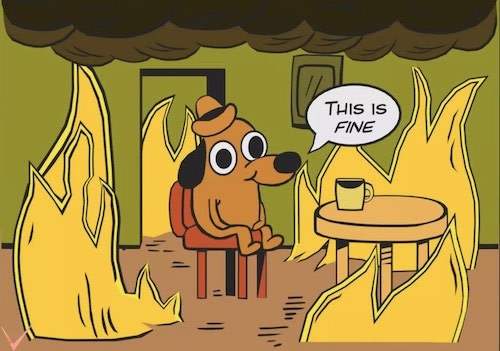 'This is fine' meme. A dog is drinking a coffee in a room full of flames and he is reassuring itself that everything is fine.