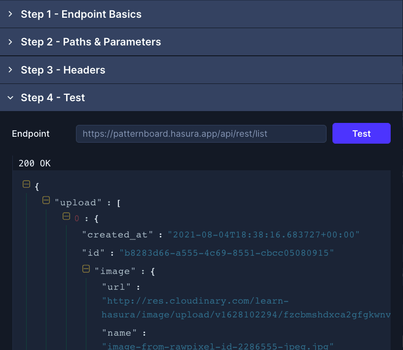 Creating endpoints in Draftbit: Test.
