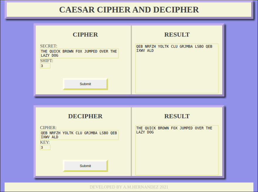 screenshot of CaesarCipher app, _am-hernandez.github.io/caesarCipher_