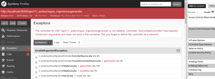 Screenshot of a Symfony Profiler session as described below