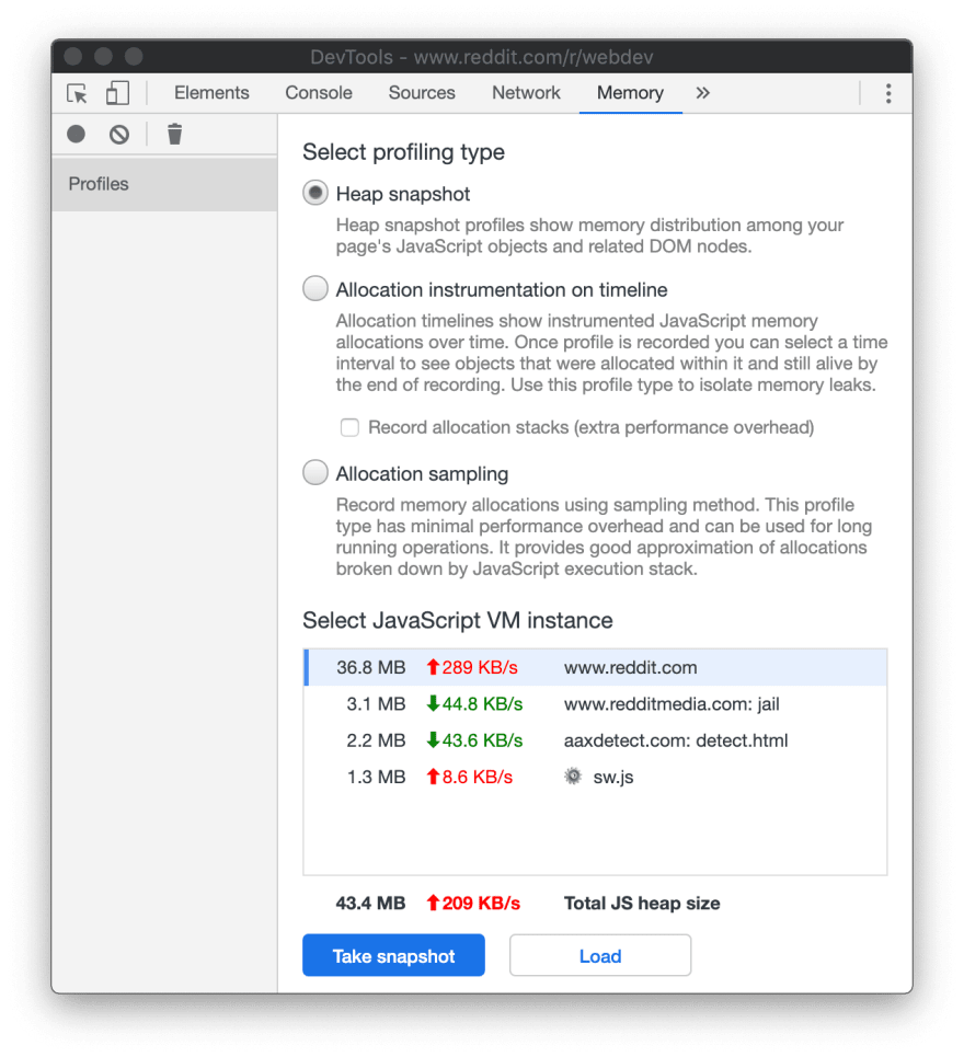 Real-time total memory usage