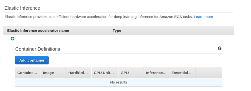 The Elastic Inference section in Task definition creation