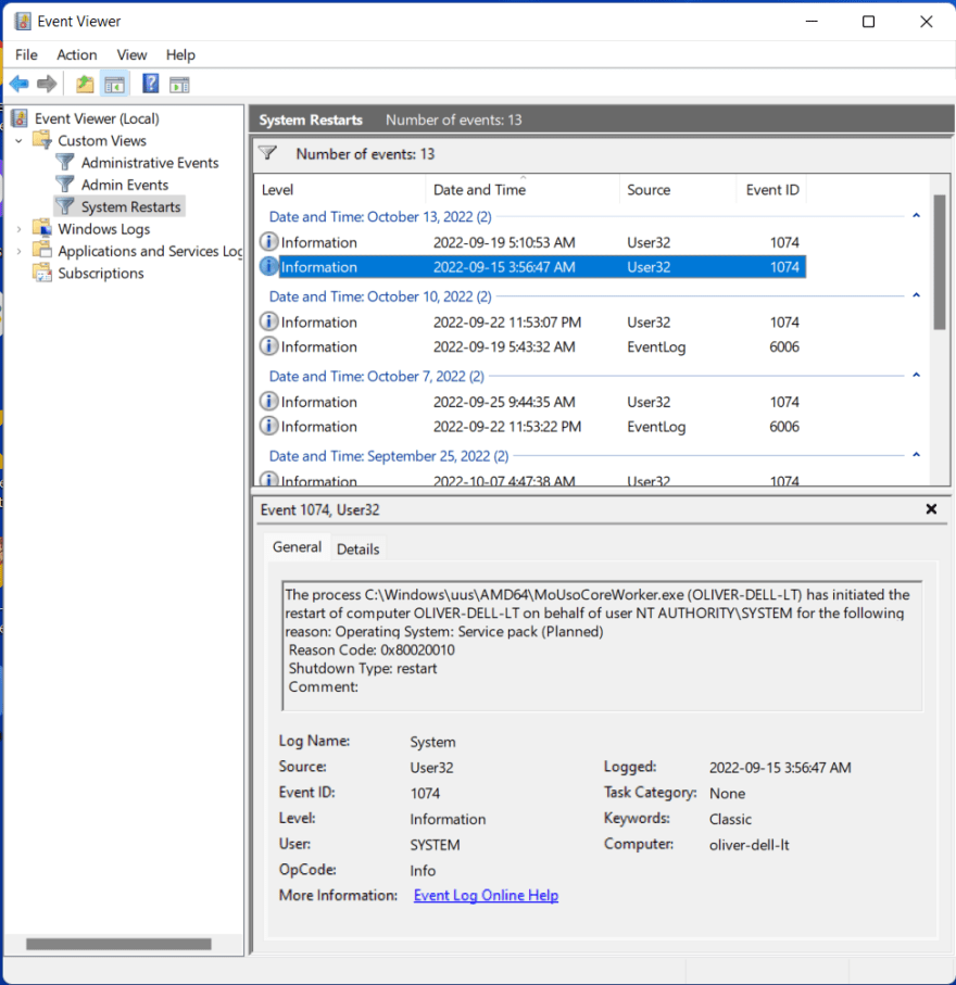 Event Viewer with new Restarts Custom View