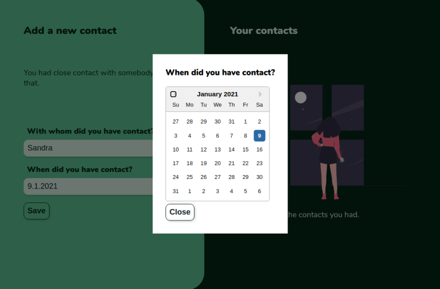 The screen to add a new contact, with the calendar date picker opened