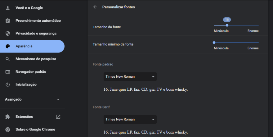 Print da tela de configurações de um browser