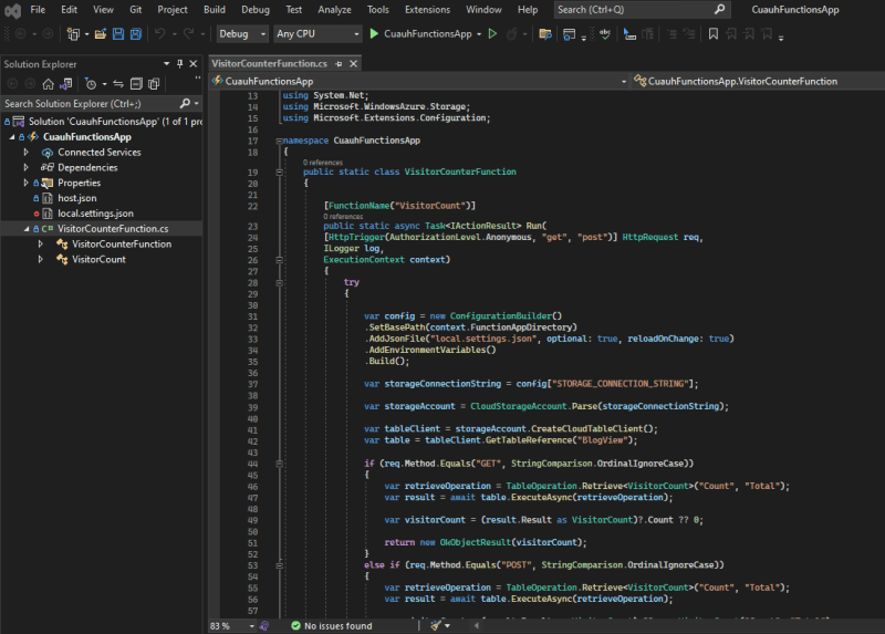 Using VS to create C# Azure Function App