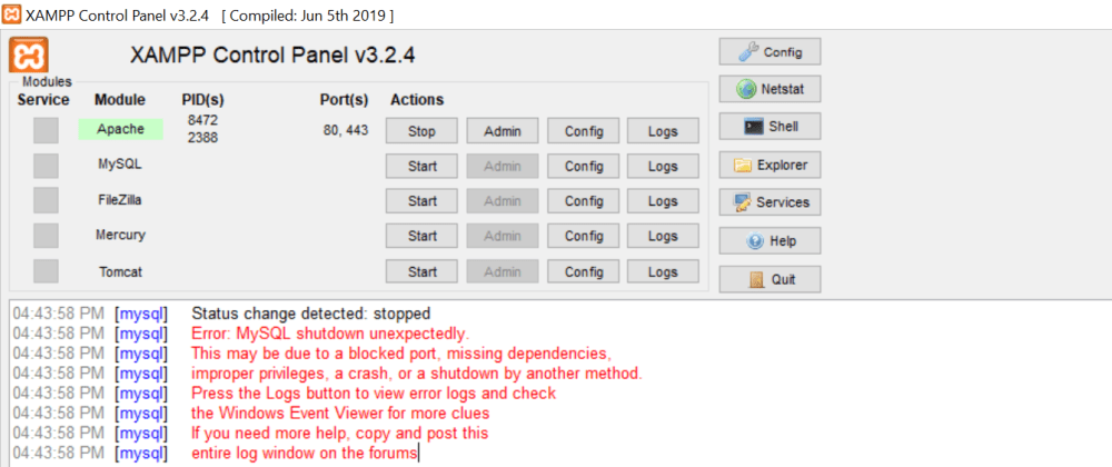 mysql shutdown unexpectedly xampp