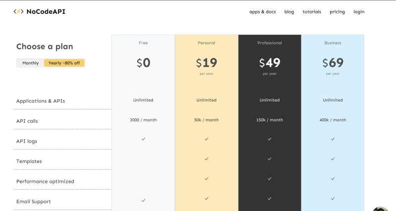 NoCodeAPI pricing