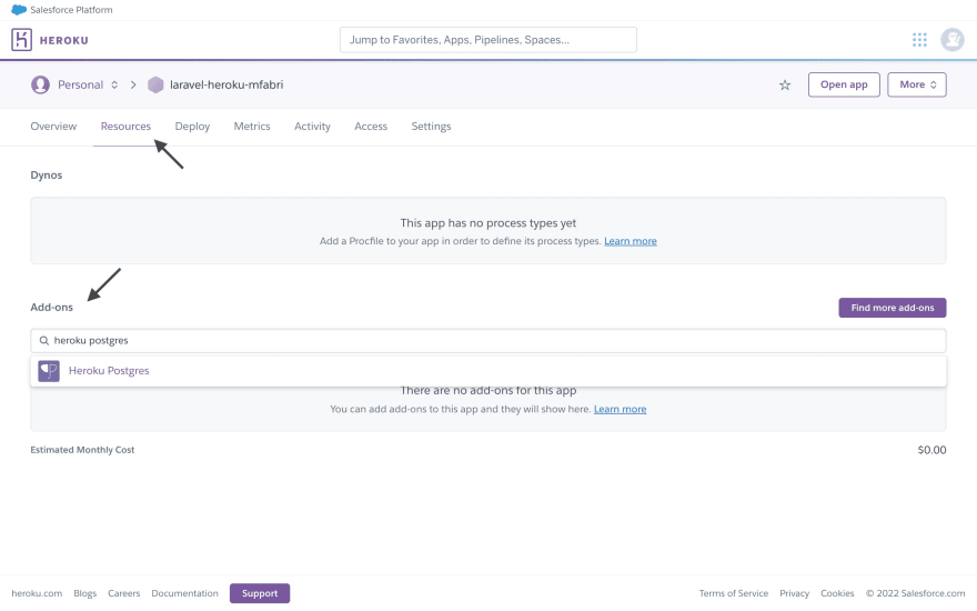 Heroku dashboard, Resources tab