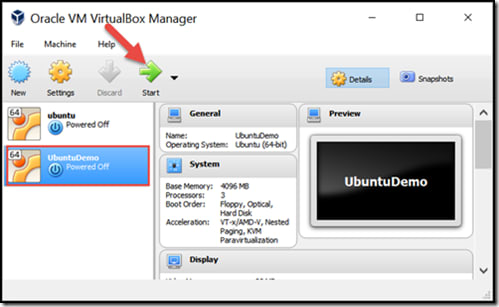 Start Ubuntu Virtual Machine from Oracle VM VirtualBox Manager