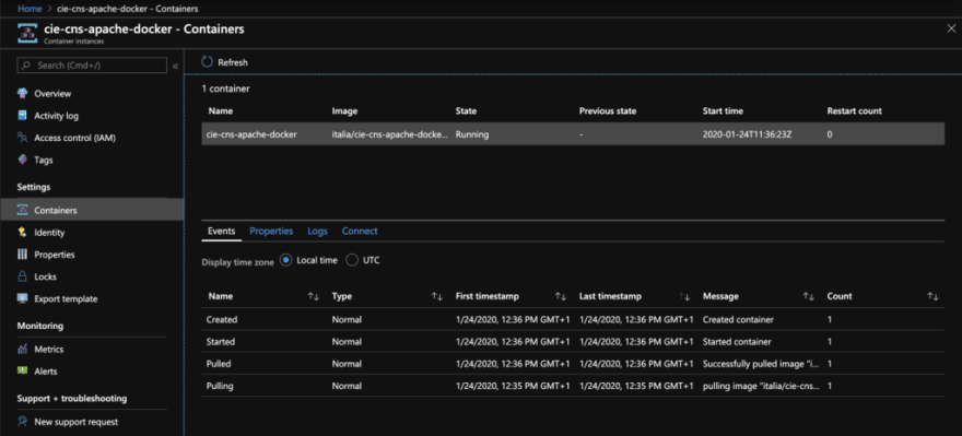 Lista eventi del Container CIE/CNS Apache Docker