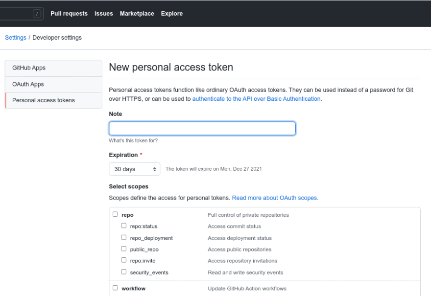 Github - Página New personal access token