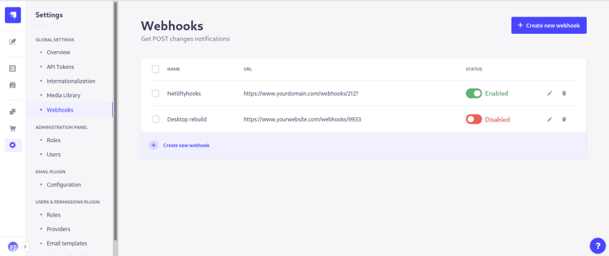 Manage Strapi webhooks