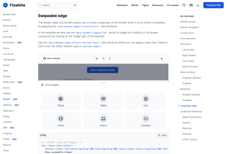 Tailwind CSS swipeable edge drawer - Flowbite