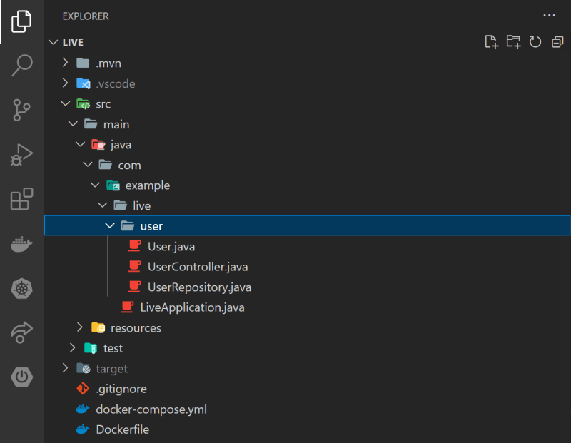 VS Code explorer with the user folder below live folder and the 3 files below