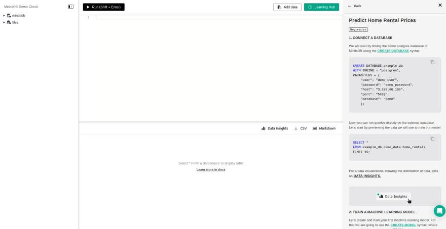 MindsDB Cloud dashboard