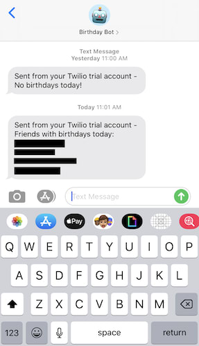 Screenshot of texts from the Birthday Bot on my iPhone