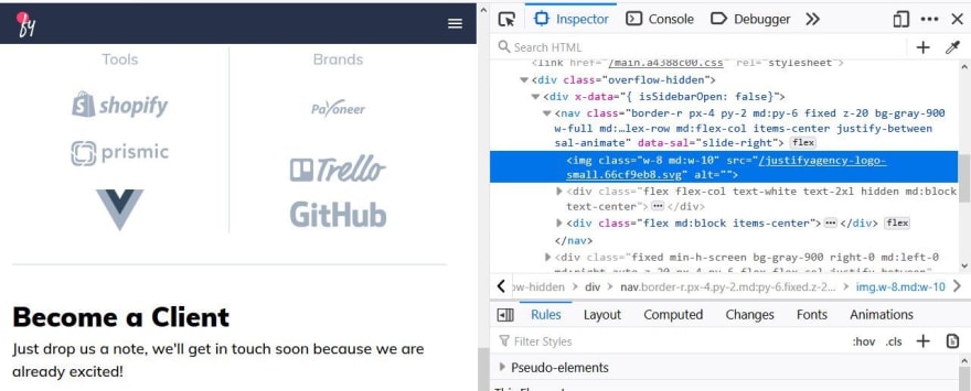 Justifyagency.com brand image missing an alt attribute as shown in Firefox 76.0.1 developer tools