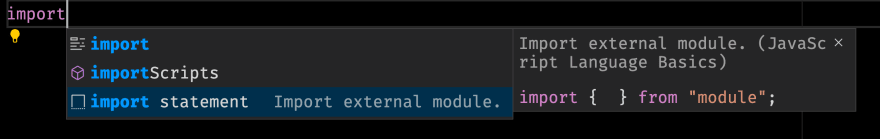 VS Code's suggestion menu after typing import