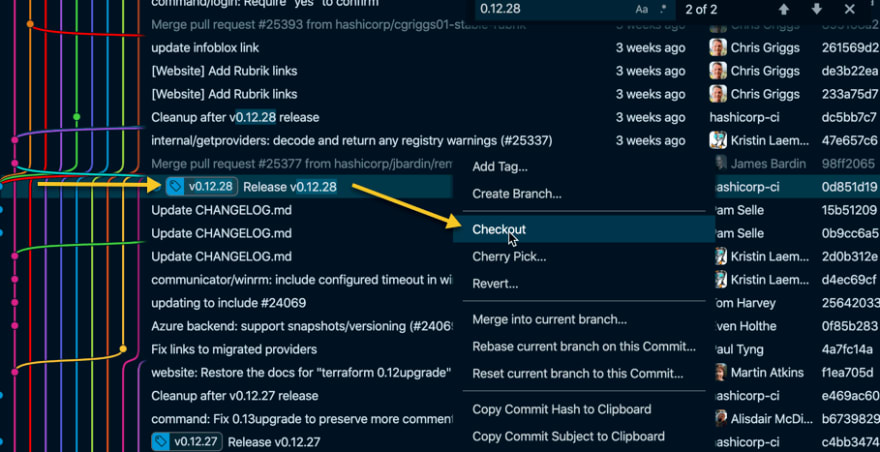 Use Git Graph to Visually Navigate A Busy Repo and Checkout a Tagged Commit