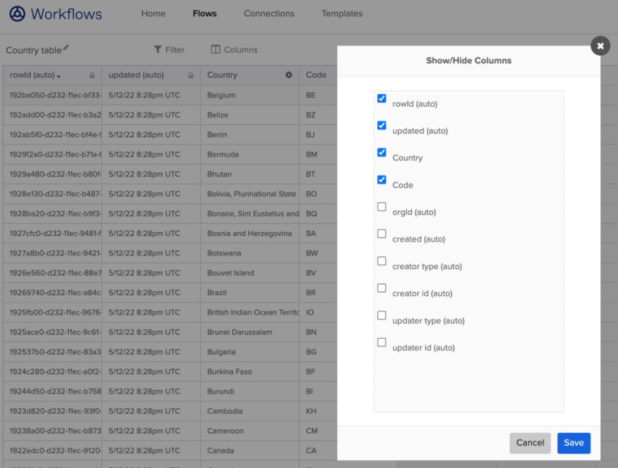 Show/hide columns