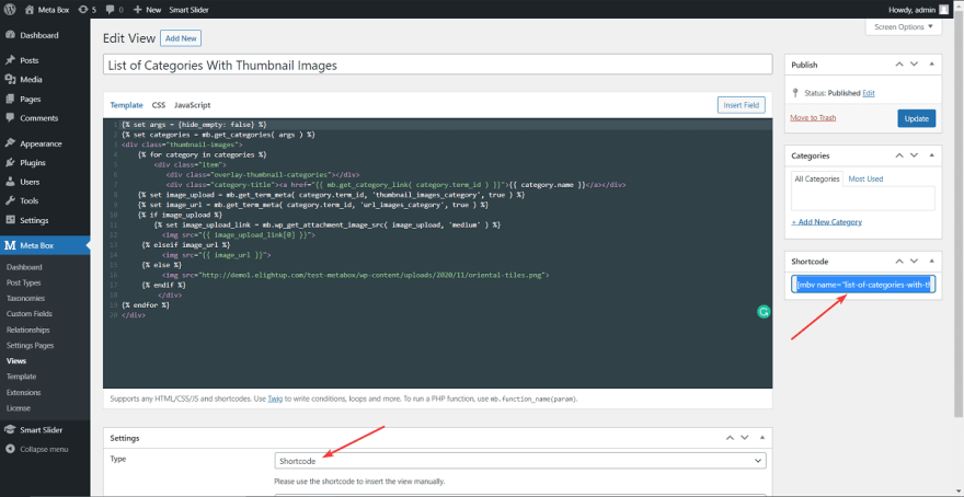 This view will be set in the type of Shortcode so that it will auto-generate a shortcode.