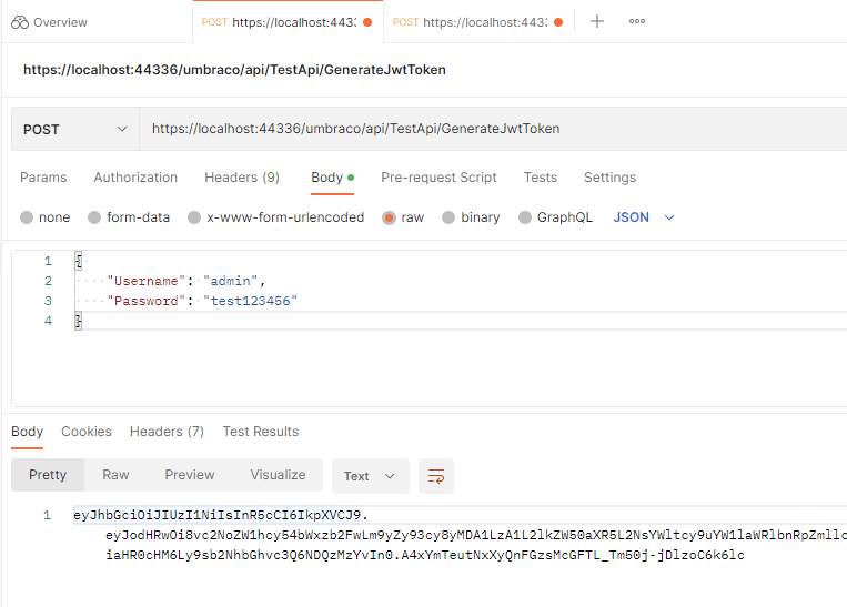 Example of the request in Postman, which returns the JWT token we need