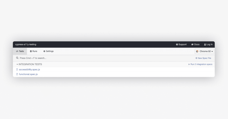 Cypress GUI with two specs: accessibility and functional