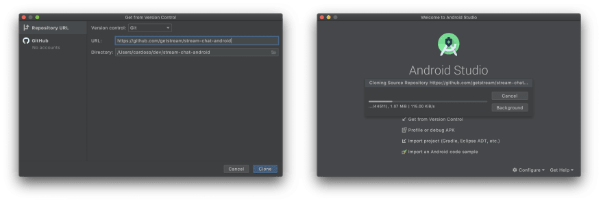 Image shows two Android Studio screens. One for typing the git repository URL and the other loading it as a project.