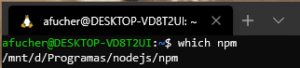 resultado do comando which dentro do wsl, mostrando que o npm estava apontando para o diretório do Windows