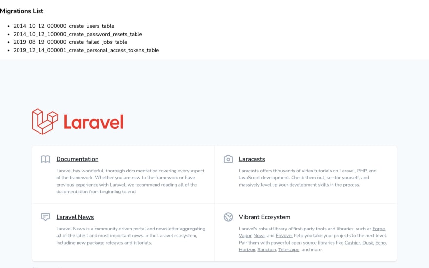 default Laravel landing page with list of migrations