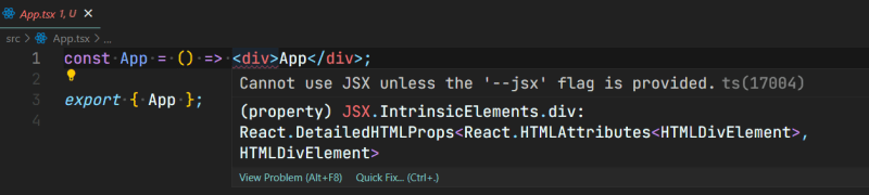 Screenshot showing the error message: 'Cannot use JSX unless the --jsx flag is provided'.