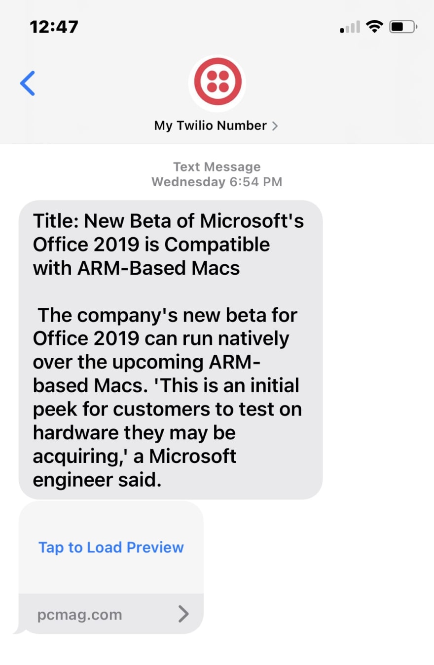 A screenshot of the S M S generated by the Azure function. The S M S provides a news article about Microsoft.