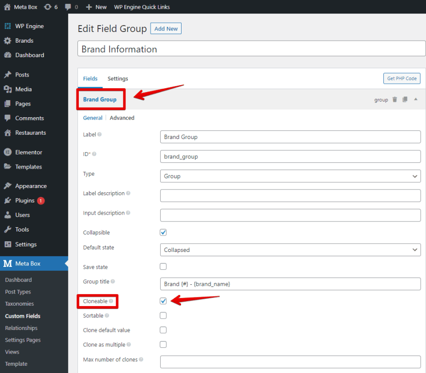 Set this group as cloneable to have more spaces to add different brands' information.